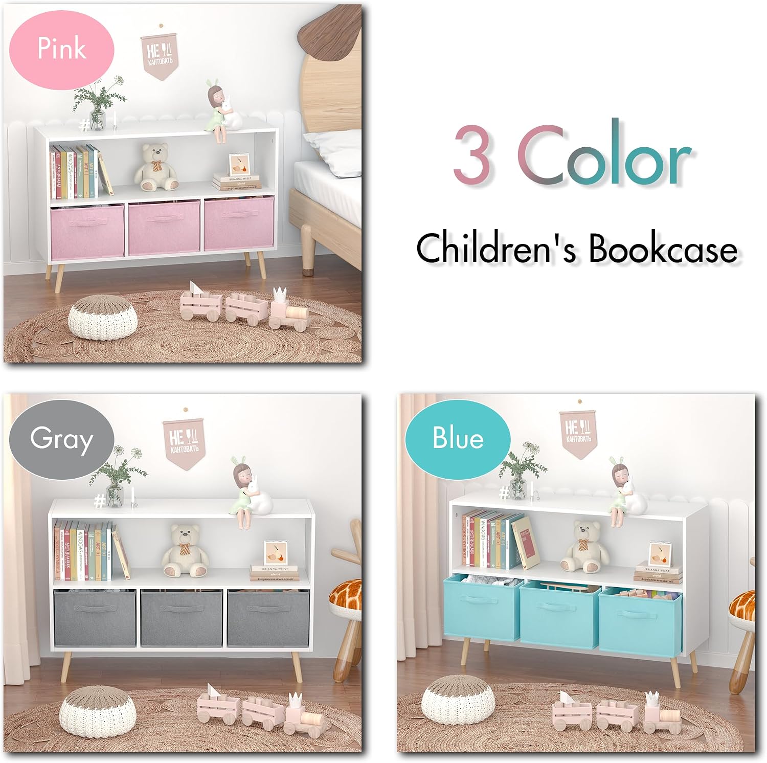 Kids Bookcase, Multi Shelf Cubby with 3 Collapsible Fabric Drawers, 3-in-1 Toy Storage Cabinet Organizer, Wooden Kids Book Display for Bedroom, Nursery, Playroom, White+Gray