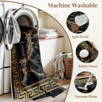 Greek Key Runner Rug 2x10 Washable Runners for Hallways, Non Slip Kitchen Runner Marble Printed Faux Wool Entryway Runner Indoor, Modern Black and Gold Floor Carpet for Hall Kitchen Bedroom