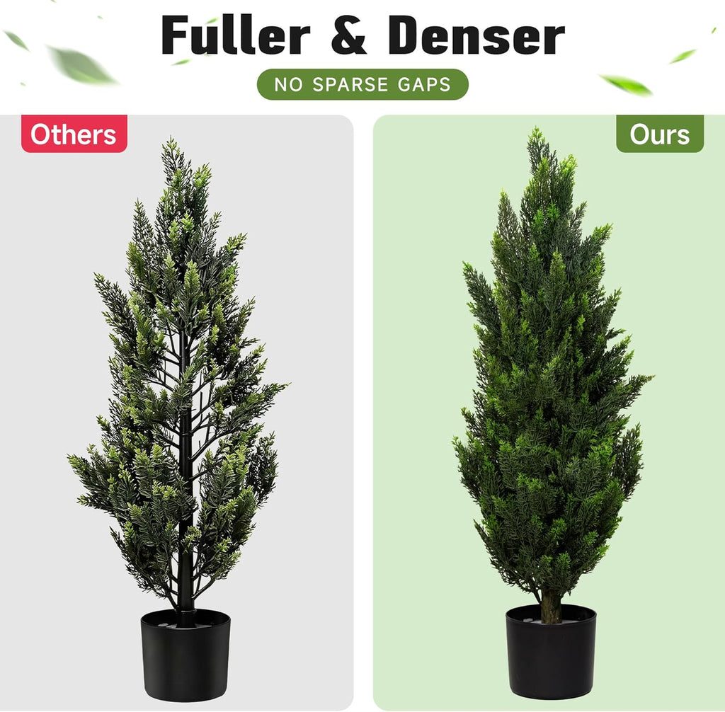 Set of 2 Artificial Topiary Pine Trees 3FT, Dense Faux Cedar Plants with Heavy Weighted Base, UV Resistant Outdoor Fake Trees for Front Door, Porch, Entryway & Indoor Home Decor