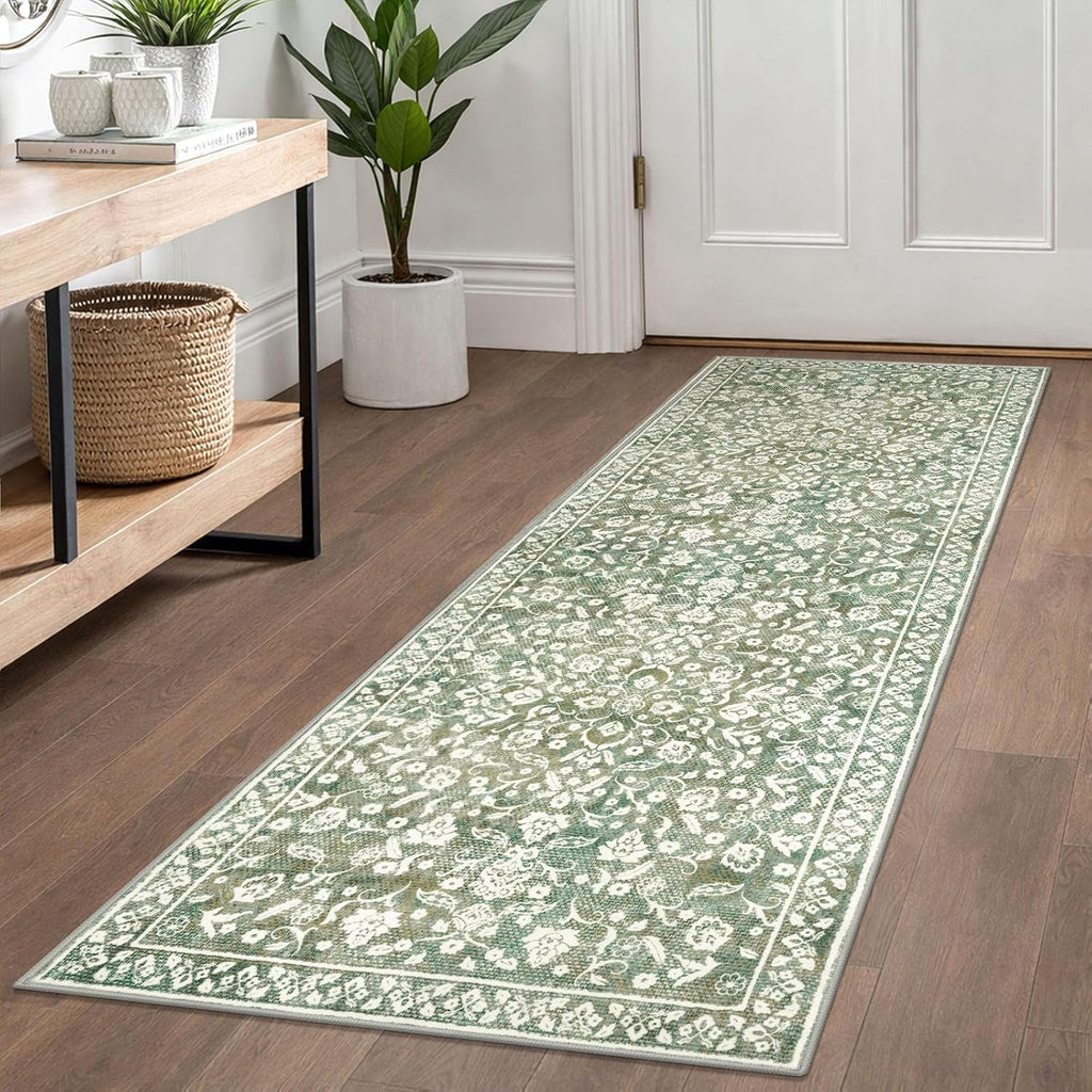 Vintage Washable Runner Rug 2x6, Sage Green Beige Runners for hallways, Super Soft Kitchen Runner Rug Non Slip, Printed Faux Wool Floral Thin Carpet Runner for Entryway Laundry Room Bedroom