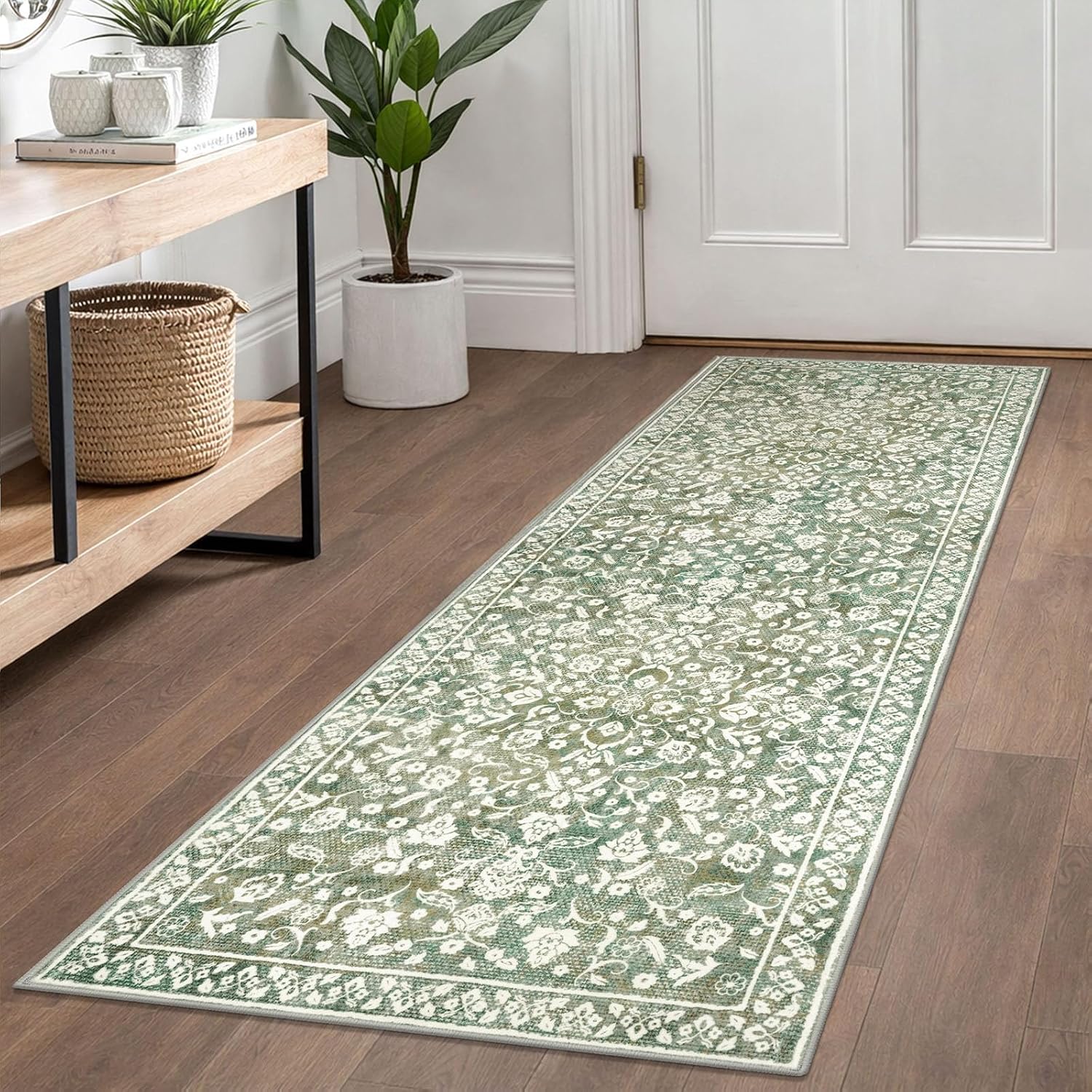Vintage Washable Runner Rug 2x6, Sage Green Beige Runners for hallways, Super Soft Kitchen Runner Rug Non Slip, Printed Faux Wool Floral Thin Carpet Runner for Entryway Laundry Room Bedroom