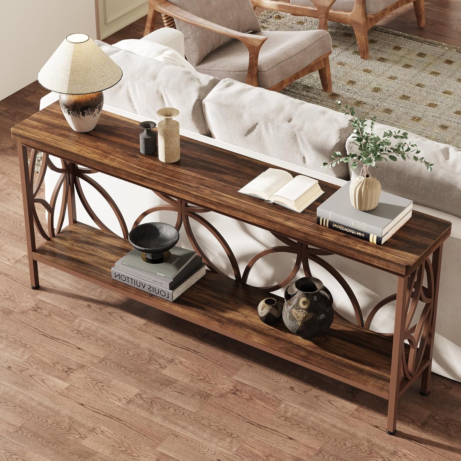 Tribesigns 70.9-Inch Narrow Sofa Table, 2-Tier Industrial Console Table Behind Couch, Long Entry Tables with Storage for Entryway, Living Room, Foyer, Hallway, Glossy Brown