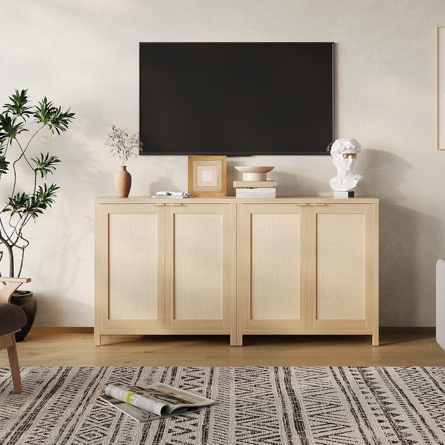 Freestanding Rattan Sideboard Buffet Cabinet – Wood Credenza with Adjustable Shelves, Modern Accent Coffee Bar for Kitchen, Living Room & Entryway