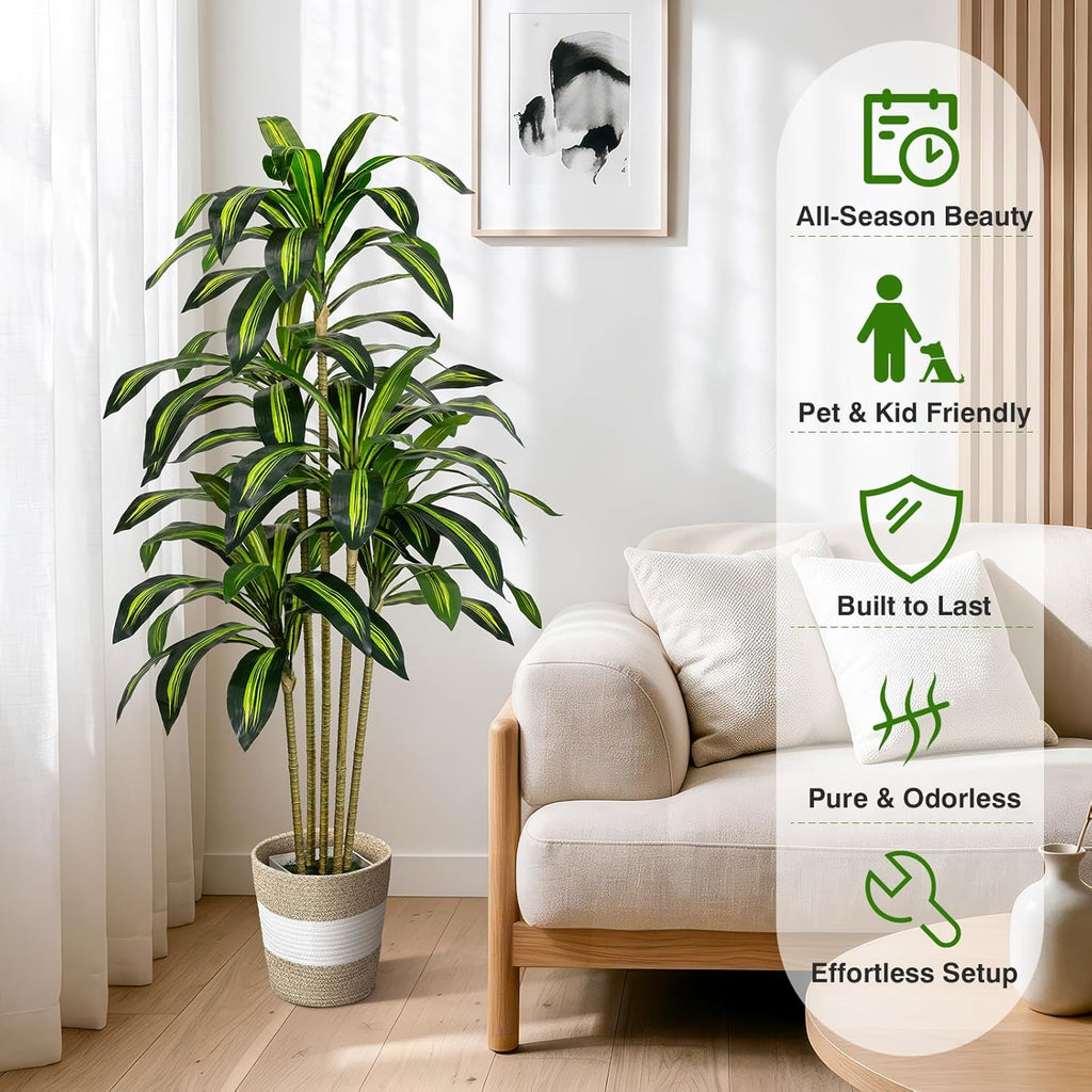 5FT Artificial Dracaena Tree - Tall Faux Dracaena with White Planter, Artificial Plants Indoor, Fake Plant Build Boho-Chic Basket, Fake Tree for Outdoor Home Office Decor