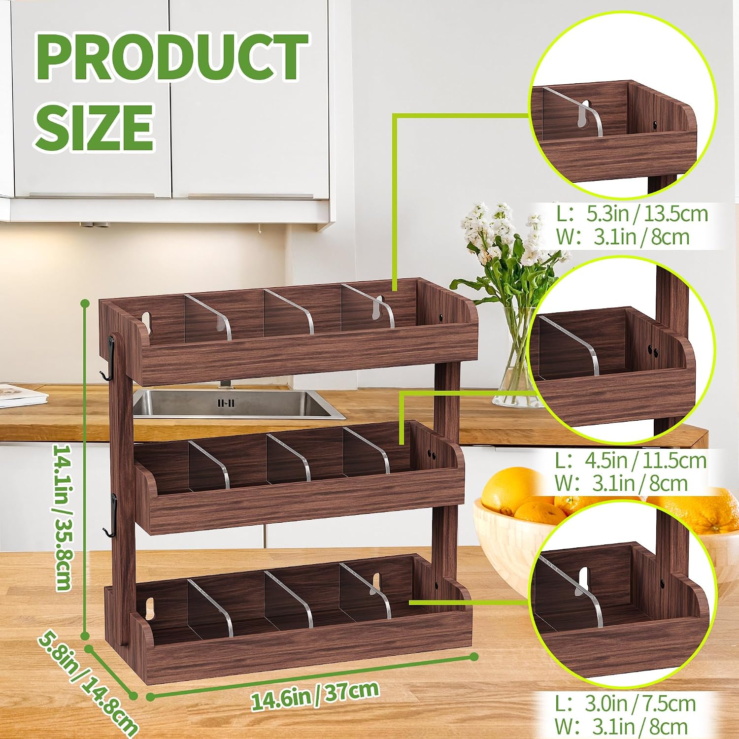 3 Tier Tea Bag Organizer Wall Mounted, Wooden Tea Box Organizer for Cabinet | Tea Bag Holder with Partitions and 4 Hooks, Tea Rack for Office, Kitchen, Cabinet, Pantry, Tea Organizers and Storage