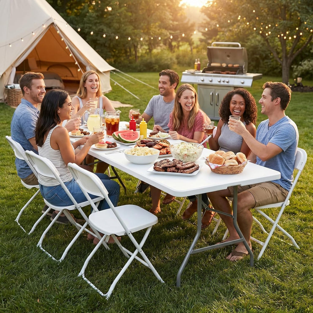 Sweetcrispy 8 FT Folding Picnic Table with 10 White Folding Chairs, Easy to Fold and Store, Foldable Table for Camping Picnic Dining Party Kitchen Outdoor Indoor with Carrying Handle
