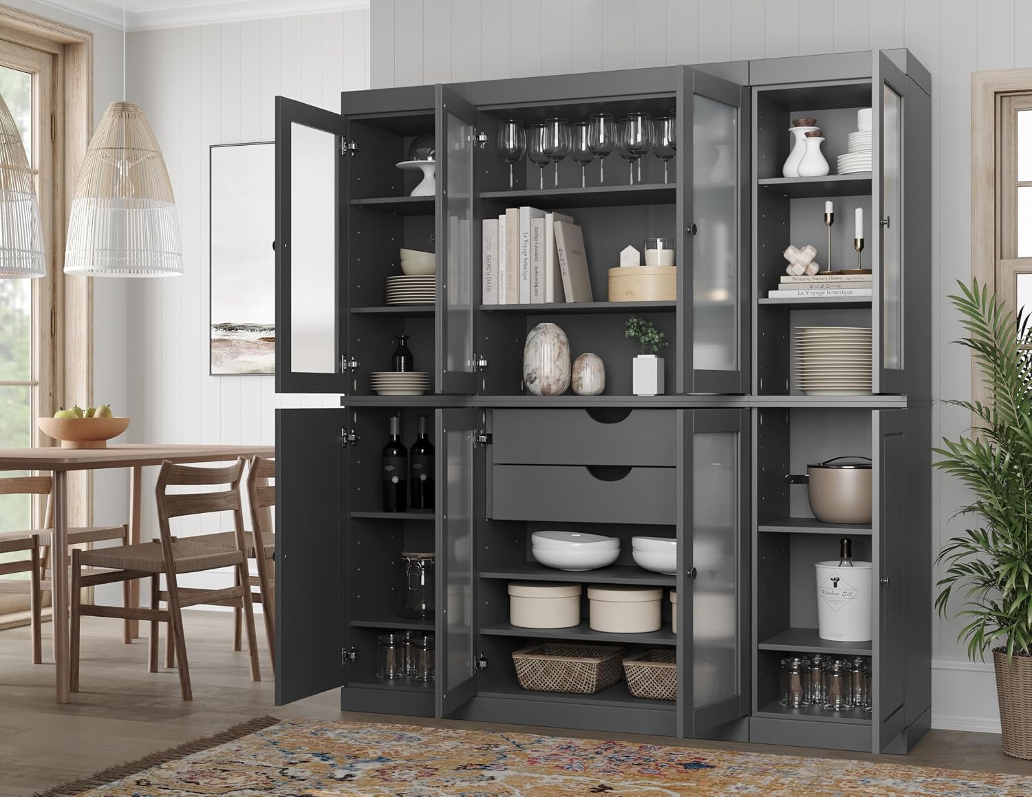 Palace Imports 100% Solid Wood 65"" Pantry China Cabinet with Raised Panel, Frosted Glass Doors, 2-Drawers and Adjustable Shelves