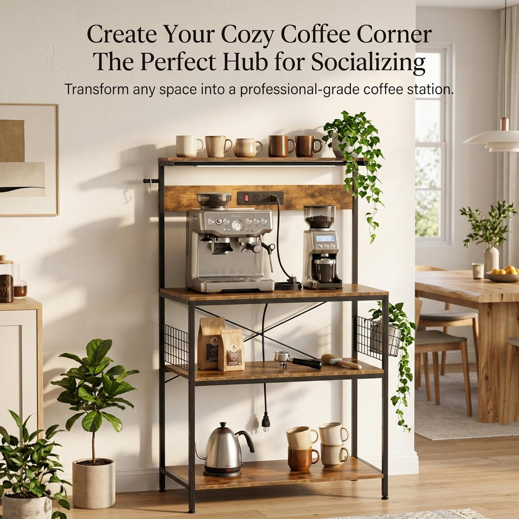 Antok Kitchen Baker's Rack with Power Outlets & USB Ports, 4-Tier Adjustable Microwave Stand, Industrial Kitchen Storage Shelf with Side Wire Baskets