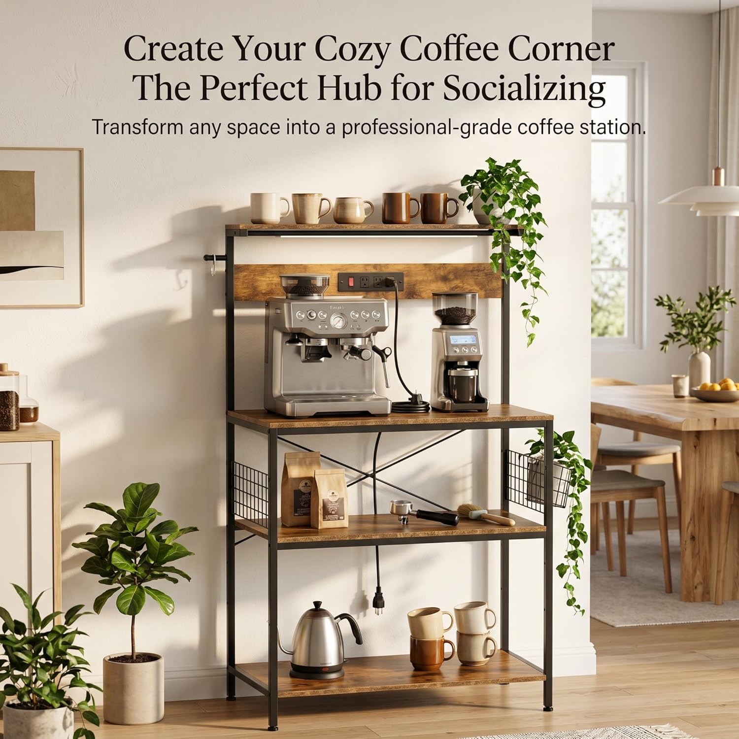 Antok Kitchen Baker's Rack with Power Outlets & USB Ports, 4-Tier Adjustable Microwave Stand, Industrial Kitchen Storage Shelf with Side Wire Baskets