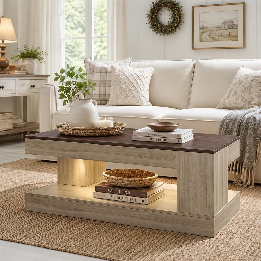 Farmhouse Coffee Table for Living Room, 47 Inch Coffee Tables with Storage & LED Light, Thickened Wood Rectangular Living Room Table, Two-Tone, Walnut &Light Ash White