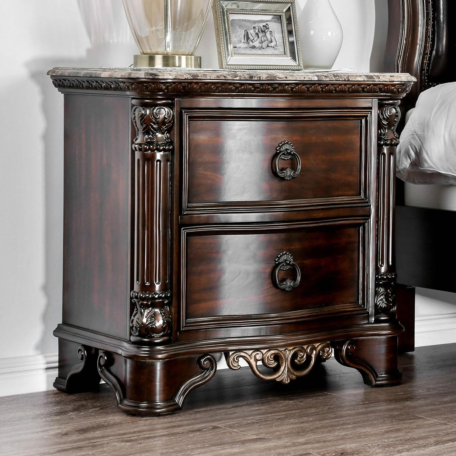 Genuine Marble Top Nightstand with 2 Drawers, Brown Cherry,for Small Spaces