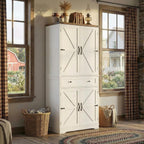 HOSTACK 71" Tall Pantry Cabinet, Farmhouse Kitchen Pantry with Storage Shelves, Barn Doors Food Storage Cabinet, Freestanding Kitchen Hutch with Large Drawer for Living Room, White + Rustic Brown