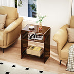 Acrylic Record Player Table with Storage Shelf, Clear Side Table Nightstand (Dark Brown, Large)