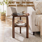 Round End Table, Solid Rubberwood 2-Tier Side Table with Open Storage Shelf, Small Accent Table for Living Room, Bedroom, Sofa Side and Small Spaces