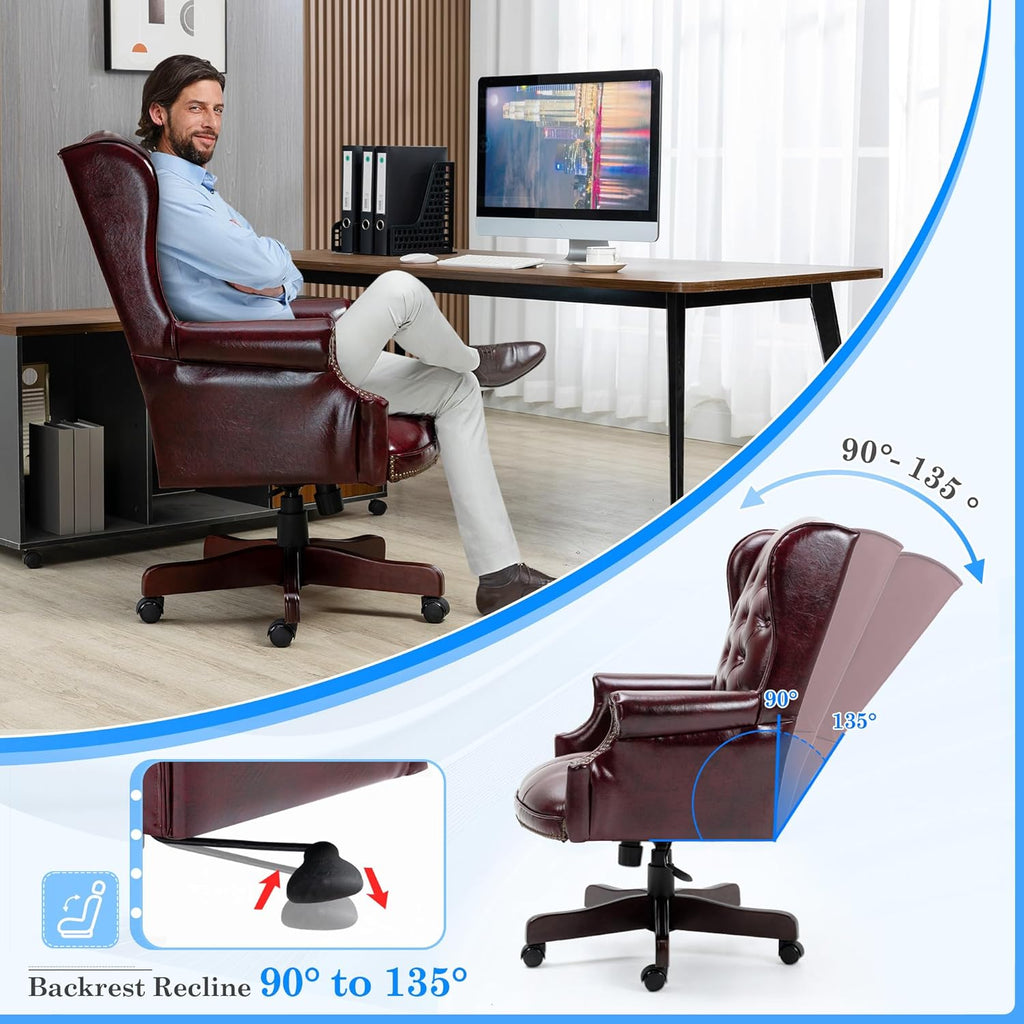 Big and Tall Executive Office Chair, Ergonomic 360° Swivel Recliner Chair, Retro Burgundy Faux Leather Home Office Desk Chairs w/Tufted Wingback Comfy Luxury Heavy Duty 500 Lb & Height Adjustable