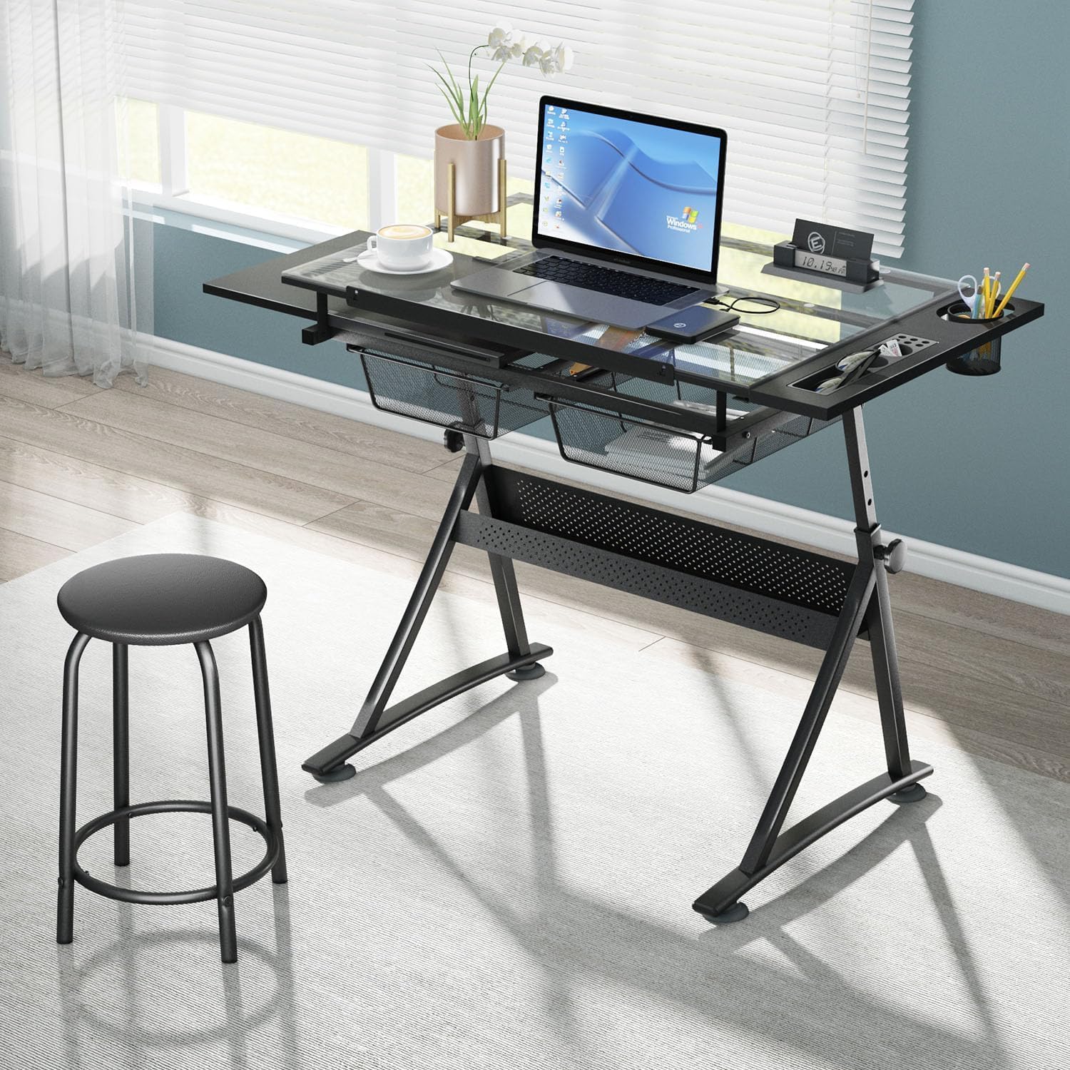 Glass Drafting Table and Stool Sets, Adjustable Height Drawing Table Art Craft Artist Desk Tilting Glass Tabletop with 2 Storage Drawers for Home Office (Black)