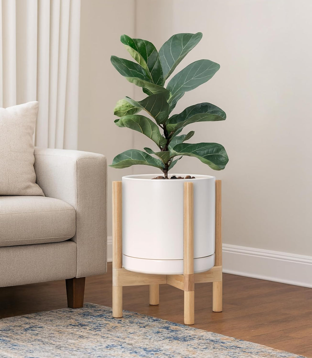 D'vine Dev Ceramic Planter with Natural Stand - 10 Inch Modern Round Flower Pot with Wood Planter Holder, Oatmeal, 55-B-K-8
