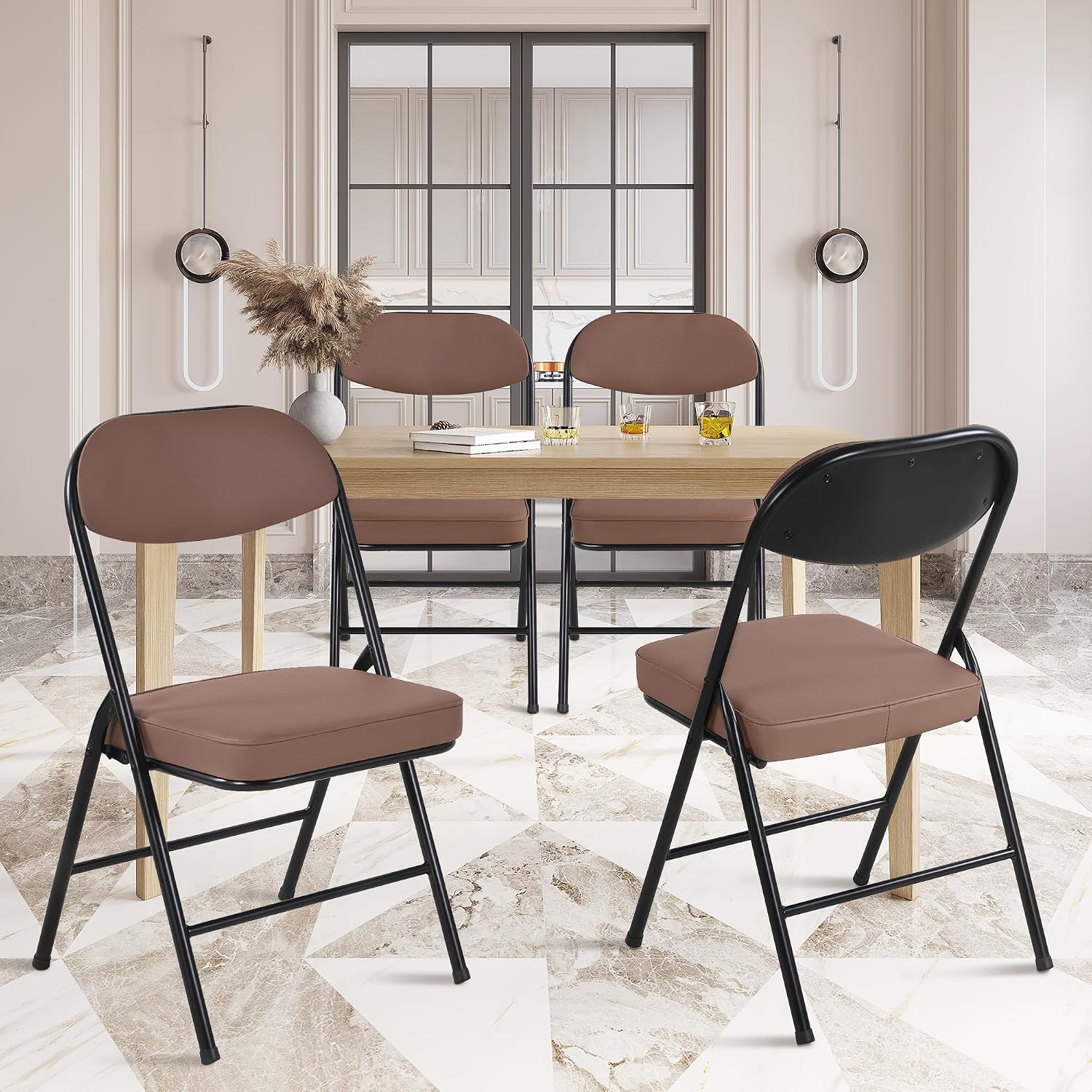 HOMEFUN Padded Folding Chairs Set of 4, Folding Chairs with Cushion and Durable Metal Frame，No Assemble Required for Party Kitchen Office Wedding Brown