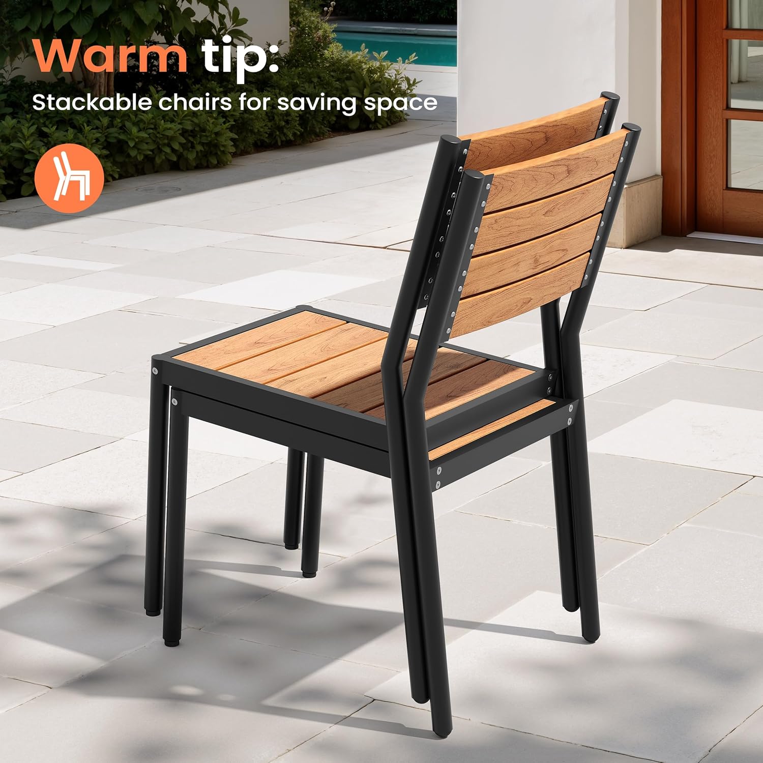 Pellebant Stackable Outdoor Dining Chairs Set of 6, Aluminum Patio Chairs with Armless, All-Weather for Garden, Lawn, Deck, Porch and Yard, Brown