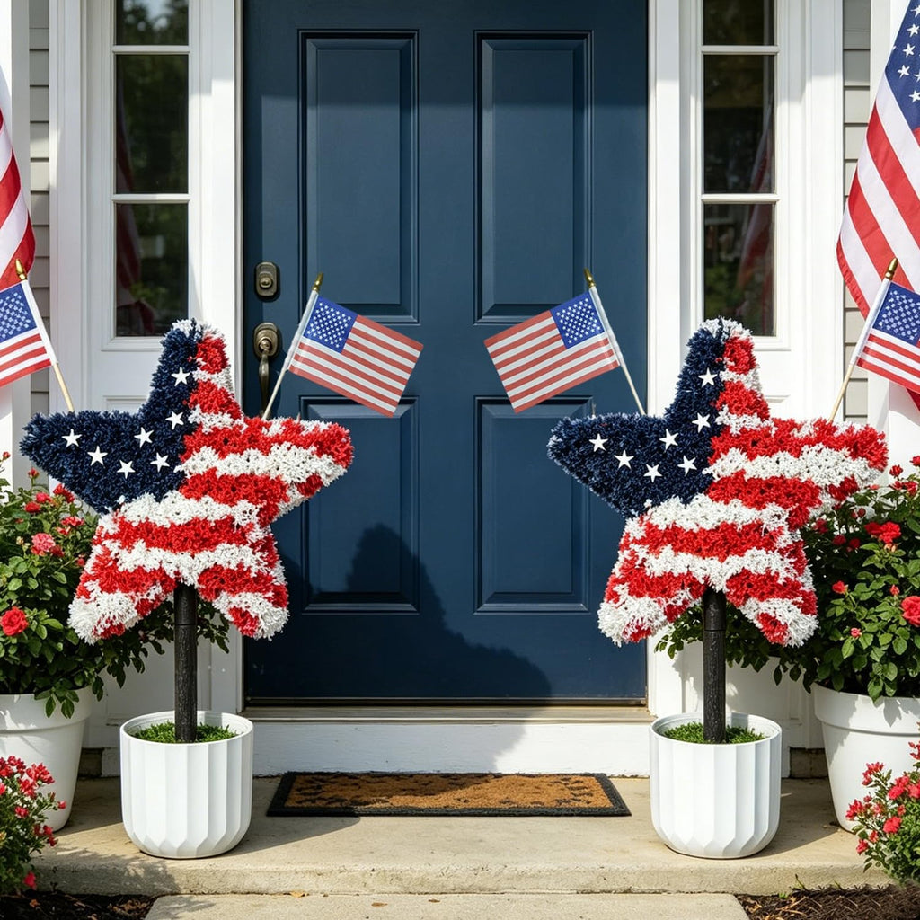 2 Pack Star Topiary Trees for 4th of July Decoration, Outdoor Artificial Plant with Pot & Ground Spike, Front Porch Star Shaped Patriotic Decor w/4 USA Flags, for Memorial Day Independence Day