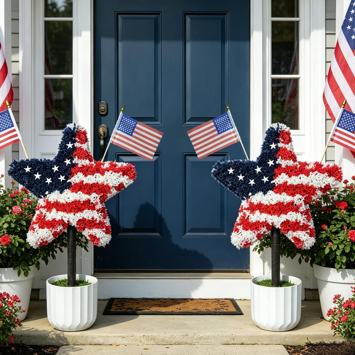 2 Pack Star Topiary Trees for 4th of July Decoration, Outdoor Artificial Plant with Pot & Ground Spike, Front Porch Star Shaped Patriotic Decor w/4 USA Flags, for Memorial Day Independence Day