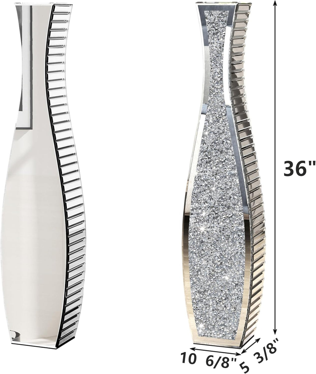 SHYFOY 36" Tall Crushed Diamond Floor Vase Silver Mirrored Tall Vases for Floor Large Crystal Decorative Glass Standing Vase Luxury for Home Decor Living Room Office Bedroom Kitchen