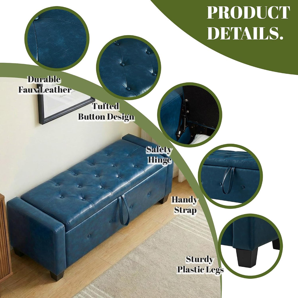 48" PU Leather Storage Ottoman Benches for Bedroom,Tufted Ottomans with Storage for Living Room,Mid Century Modern Bench with Seating for Entryway,Window,Bedside (PU Blue, 48 inch)