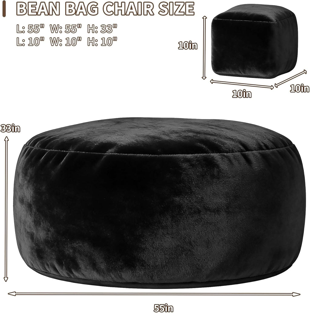5FT Bean Bag Chairs for Adults with Ottoman, Big Beanbag Chairs with Filler Memory Foam & Machine Washable Cover, Suitable for Bedrooms, Living Rooms, Leisure Reading Black