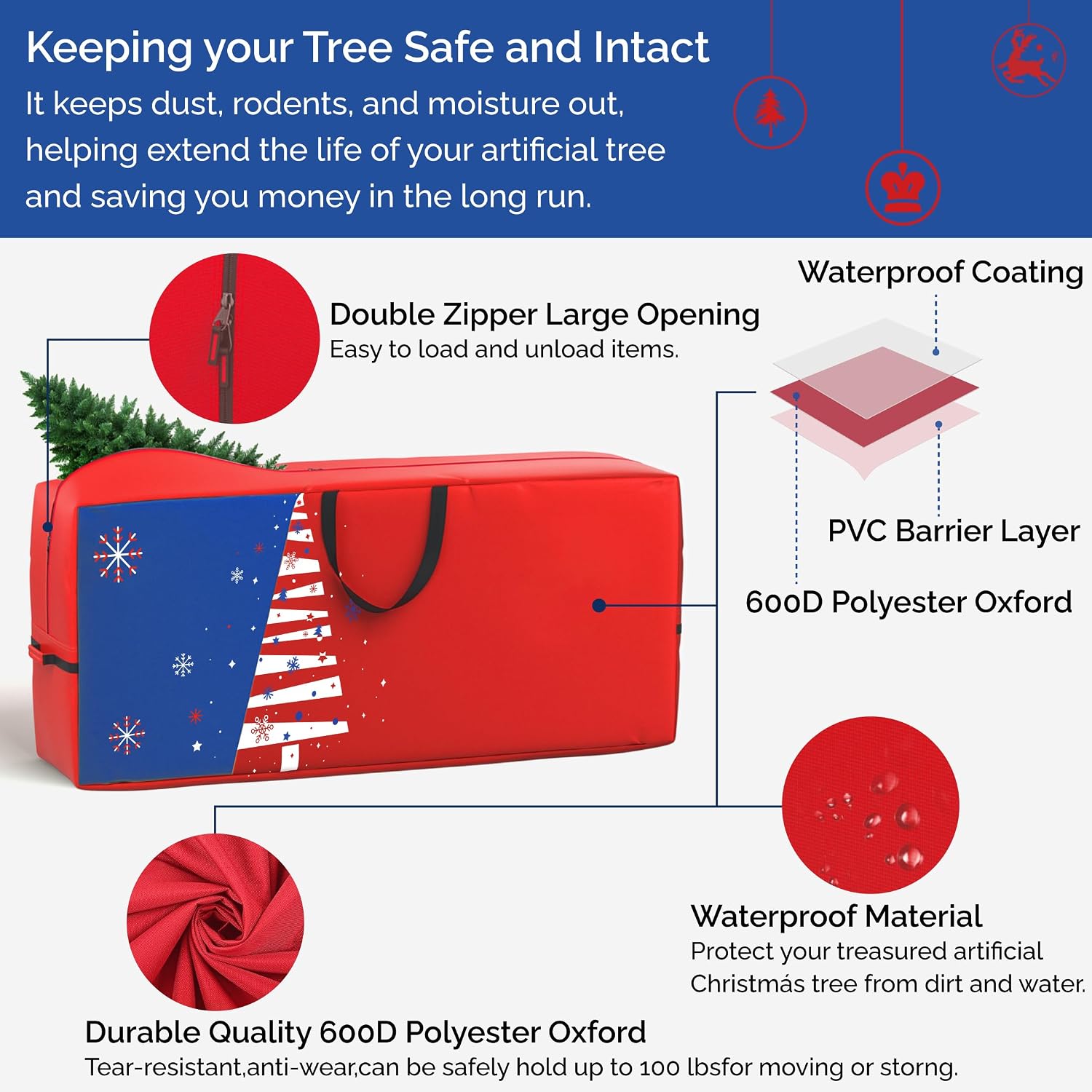 Extra Large Heavy Duty Storage Bag, Waterproof 600D Oxford Christmas Tree Storage Bag with Reinforced Handles, Dual Zippers, Moving Bags for Home, College Dorm, Camping, Seasonal Decor -Space Saving