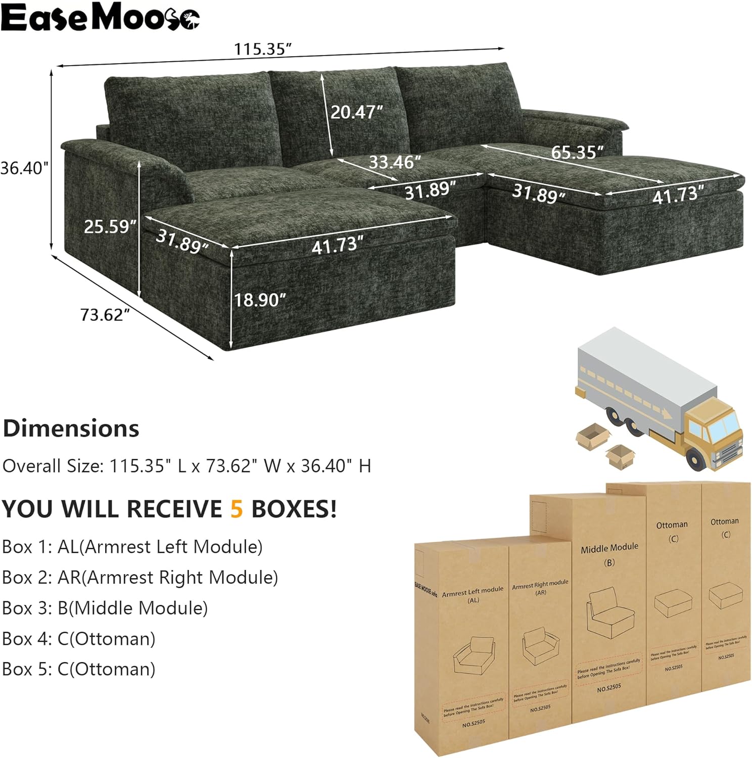 EASE MOOSE Oversized Cloud Sectional Boneless Couch for Living Room, Modern U-Shaped Modular Couch with Ottoman, Comfy Chenille Deep Seat Compressed Sofa, Green