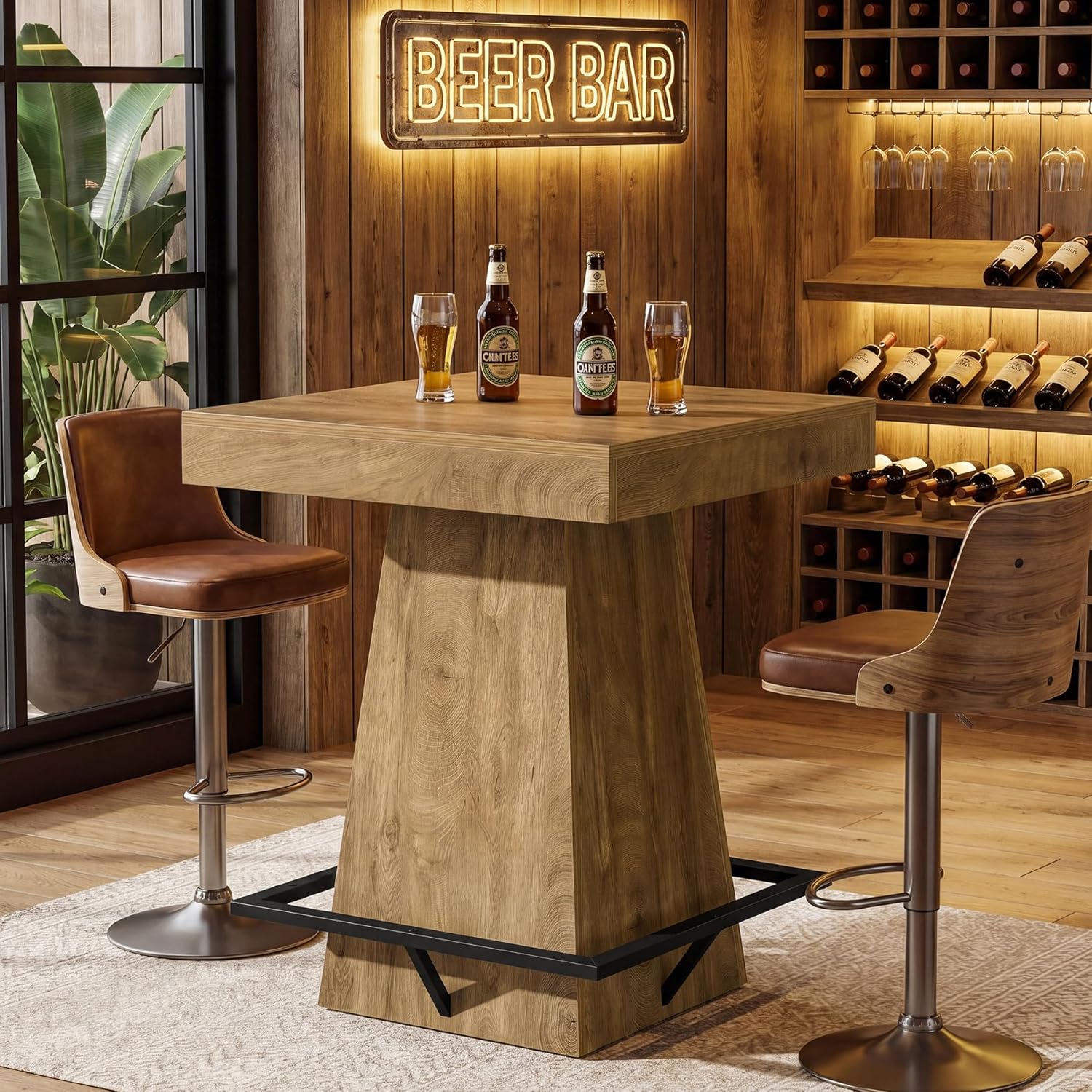 Tribesigns Square Bar Table, 37.4-Inch High Pub Table with Metal Footrest for Small Bars, Dining Room, Bistro, Kitchen, Light Brown(Only Table)