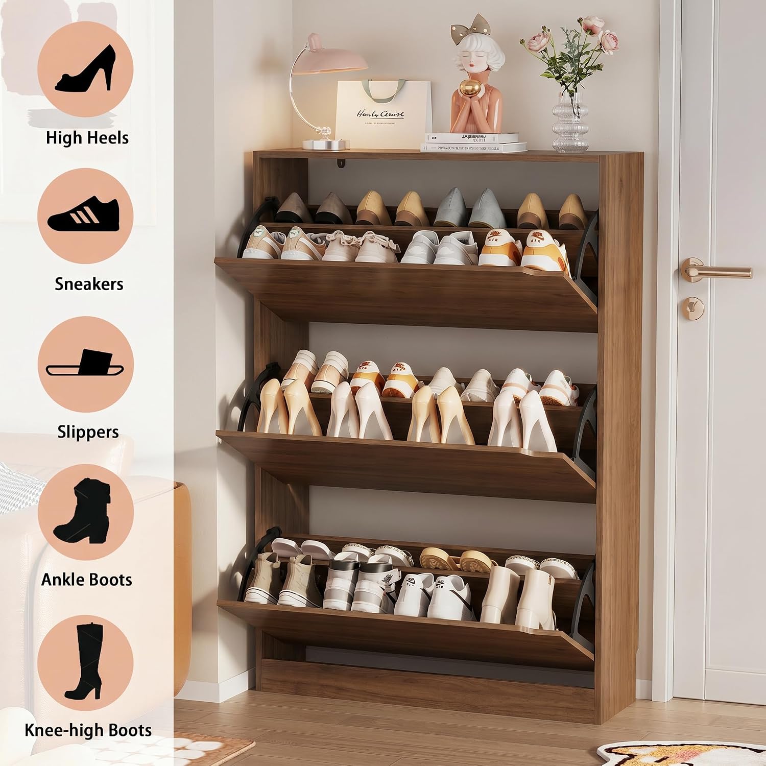 Shoe Storage Cabinet, Wood Shoe Organizer for Entryway with 3 Flip Drawers, Freestanding Shoe Rack with Adjustable Shelf, Narrow Shoe Dresser for Front Door Entrance (Walnut, Standard 3 Drawers)