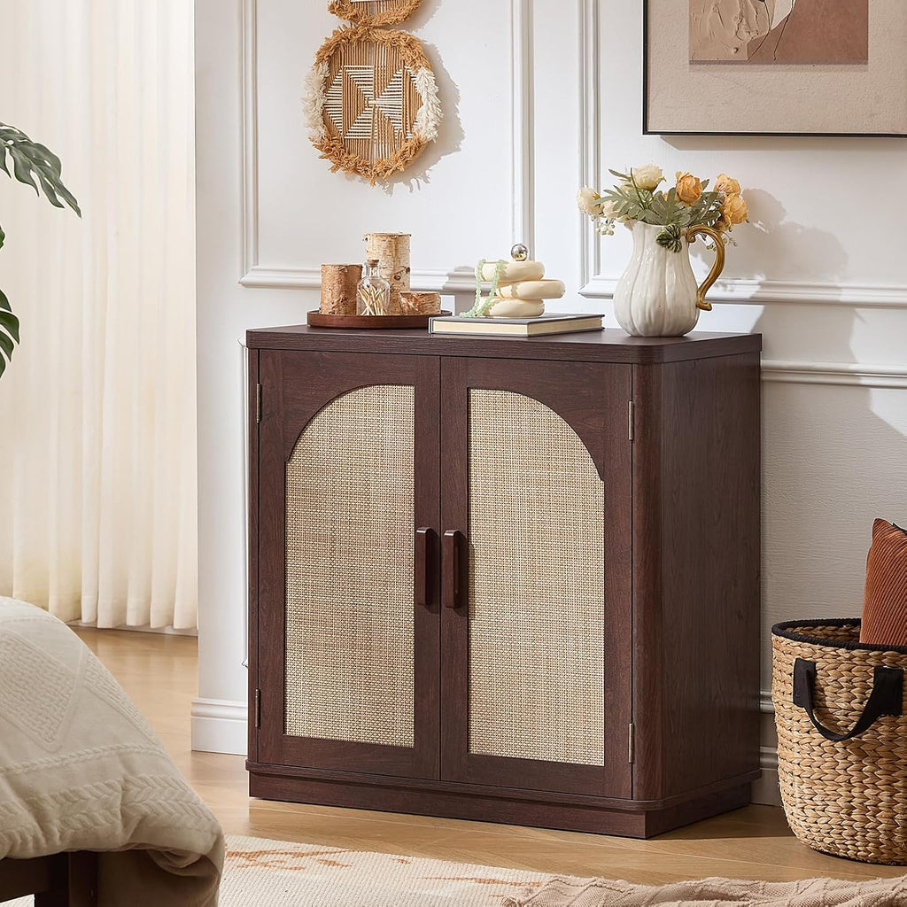LEYAOYAO Rattan Sideboard Buffet Cabinet with Storage, 31.5" Coffee Bar Cabinet with Arch Doors & Adjustable Shelves, Wood Credenza, Boho Accent Cabinet for Kitchen, Living Room, Walnut