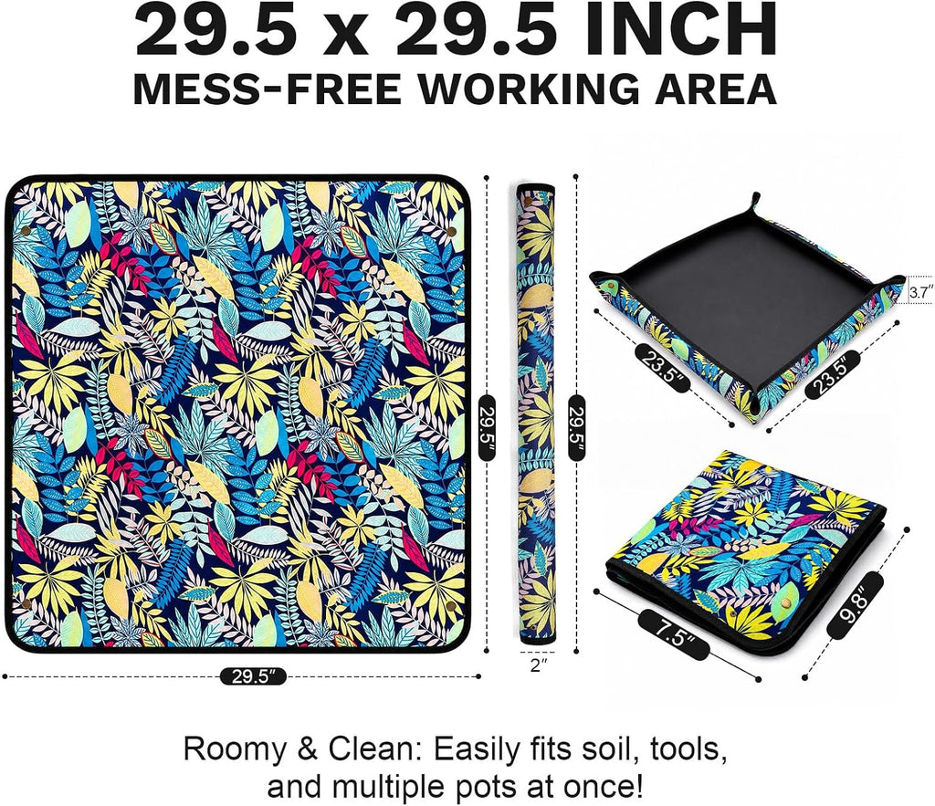 LIHAO Repotting Mat for Indoor Plants, 29.5 x 29.5 Inch Waterproof Oxford Potting Tray with Mess Control, Foldable Transplanting Tarp Gardening Gifts