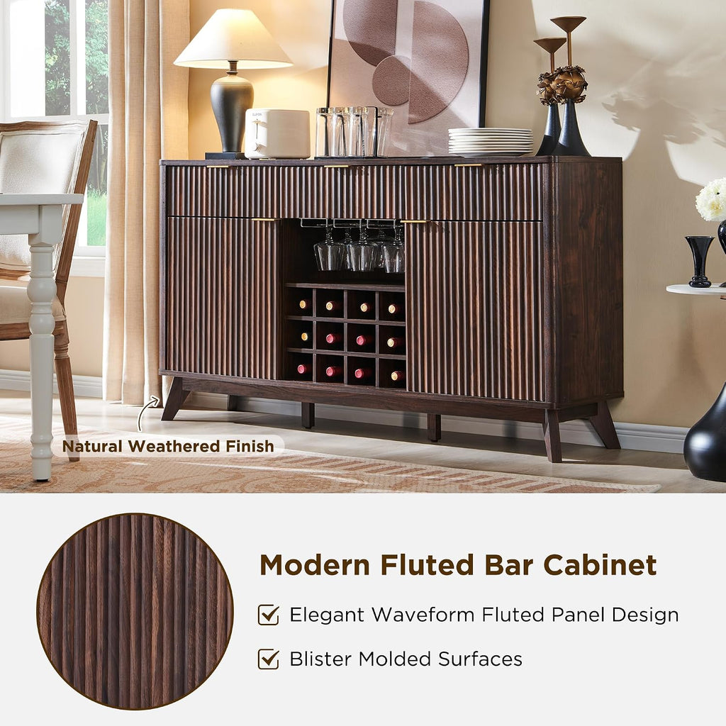 OKD Fluted Wine Bar Cabinet, 60" Wide Modern Buffet Sideboard with Ample Storage - 2 Side Cabinets, 3 Drawers, 4 Glass Holders & 12 Wine Racks, Coffee Bar Cabinet for Kitchen, Dining Room, Dark Walnut