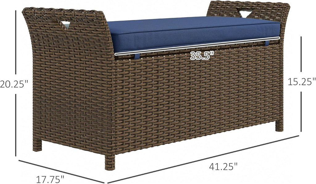 43.25x17.75x20.25in Woven Rattan Patio Bench w/Dark Blue Cushioned seat, 29-Gallon Under-lid Storage, Reinforced Steel Chassis, no-Tools Setup