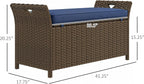 Outdoor Storage Bench 43.25x17.75x20.25in in PE Rattan Finish w/Dark Blue Cushion, 29-Gallon Capacity, 352lb Load Rating, Corrosion-Proof fFor rame