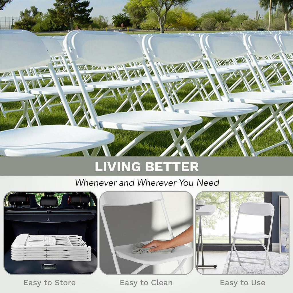 Folding Chairs 6 Pack,Durable Black Folding Chairs, Heavy-Duty Plastic Folding Chairs for Indoor/Outdoor Use - Ideal for Events Parties Extra Seating Solutions 350lbs Capacity (White, 6 Pack)