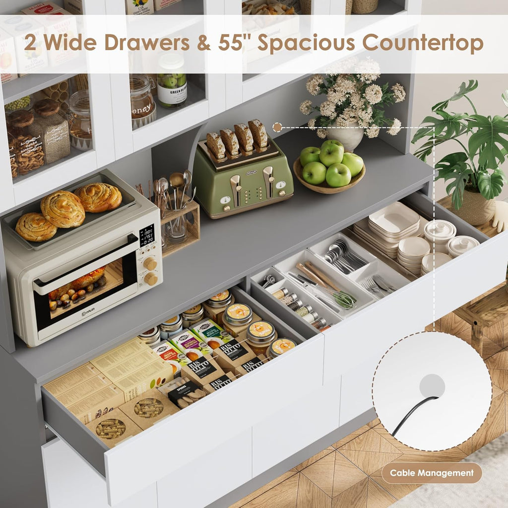Keyluv 75" x 55" Kitchen Pantry Storage Cabinet with Glass Doors and Drawers, Wide China Cabinet Hutch with Microwave Stand Coffee Bar, Food Pantry with Hutch Shelf for Dining Room, White/Grey