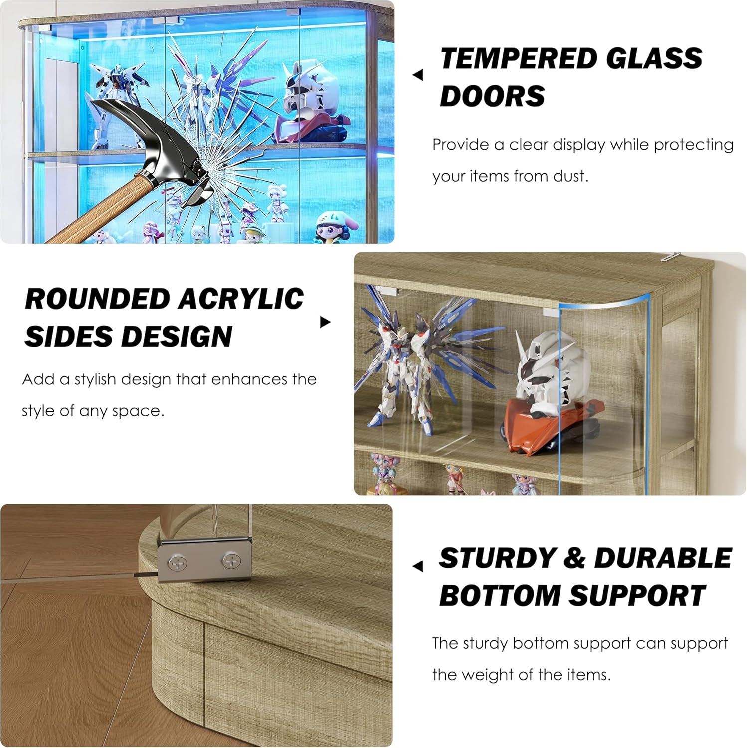 PAKASEPT 47.2" Large Rounded Display Cabinet with Glass Doors, 4-Tier Curio Cabinet Storage Case with LED Lights & Press-to-Open Doors, Modern Display Shelf for Collectible,Human Body Sensor, Natural