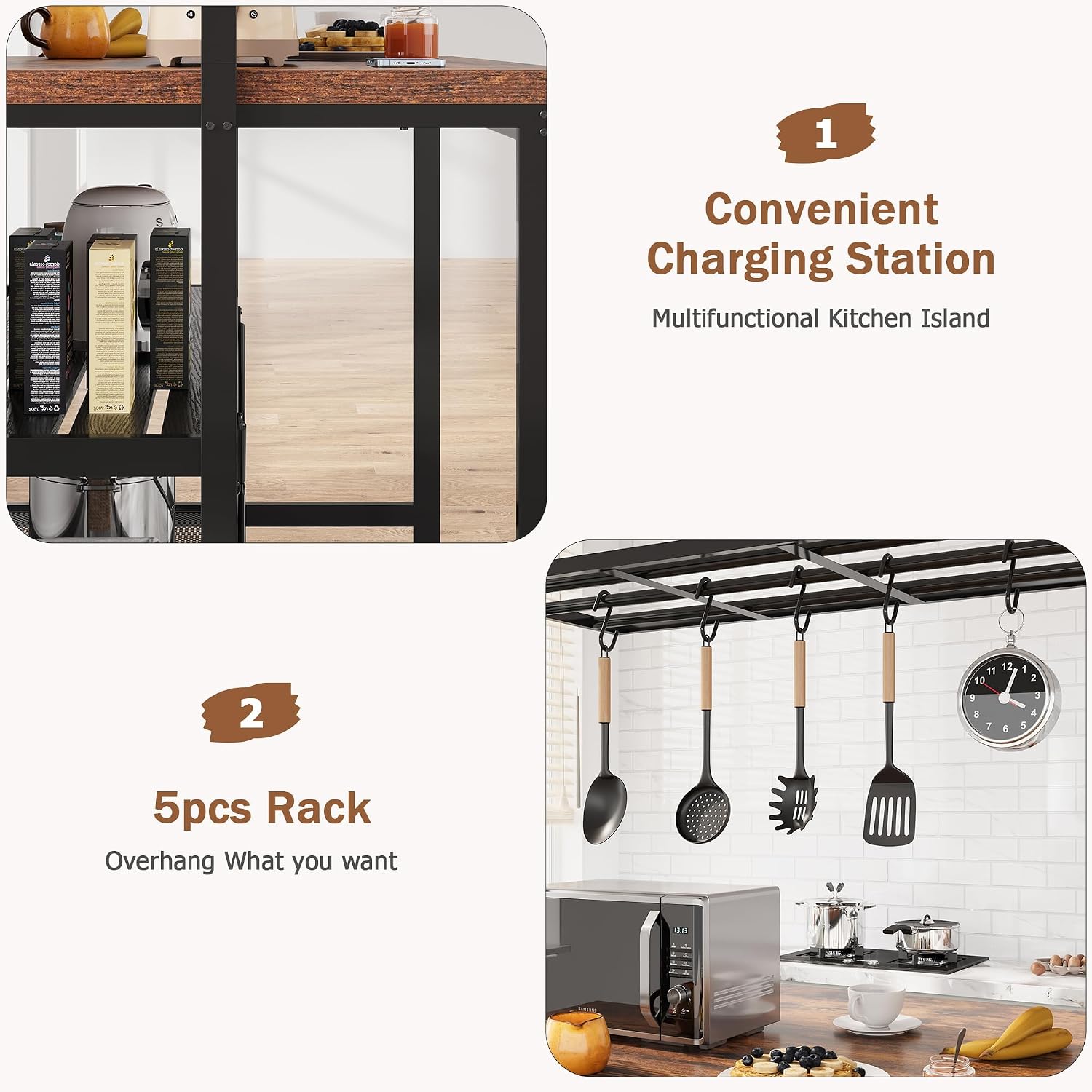 GarveeHome Kitchen Island with Storage, 42''Island Table for Kitchen with Seating Bakers Rack Microwave Oven Stand Shelf with 3 Tier Storage Shelf for Dining Room Living Room, 5 Hooks 42"*28"*72"