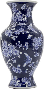 Galt International 14” Hand Painted Chinoiserie Ceramic Vase – Antique Style Porcelain Flower Bottle by Galt International, Fishtail Chinese Vase for Home Decor & Centerpiece - Dark Blue Floral
