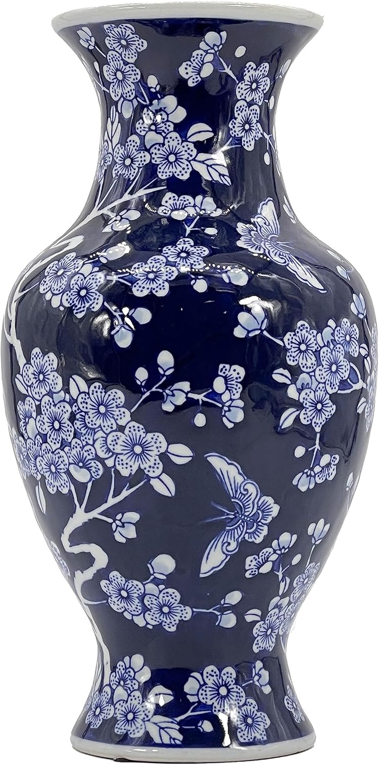 Galt International 14” Hand Painted Chinoiserie Ceramic Vase – Antique Style Porcelain Flower Bottle by Galt International, Fishtail Chinese Vase for Home Decor & Centerpiece - Dark Blue Floral
