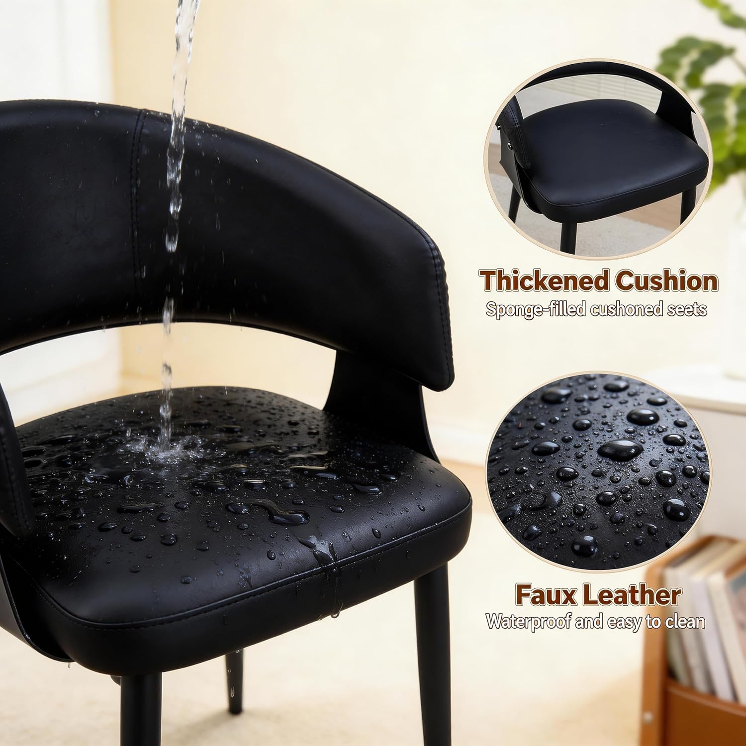 Atoll Modern Accent Dining Chairs Set of 2 with Upholstered PU Leather Seat & Curved Back, Metal Legs, Mid-Century Kitchen Chair for Dining Room, Living Room or Office (2, Black)