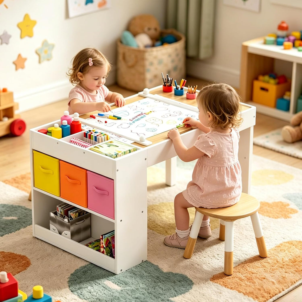 Kids Art Table and Chairs Set with Storage, Wooden Craft Desk with 2 Stools, Child Drawing Table with Open Shelves, Paint Cups, Paper Roll, Bins, Toddler Play Table, 39" L x23 W