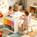 Kids Art Table and Chairs Set with Storage, Wooden Craft Desk with 2 Stools, Child Drawing Table with Open Shelves, Paint Cups, Paper Roll, Bins, Toddler Play Table, 39" L x23 W