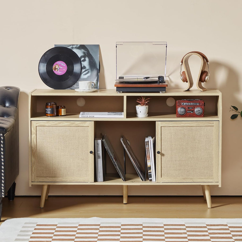 RARZOE Large Record Player Stand, Mid Century Turntable Stand Table Holds Up to 400 Albums, Vinyl Record Storage Cabinet with Sliding Doors for Living Room Office, Natural