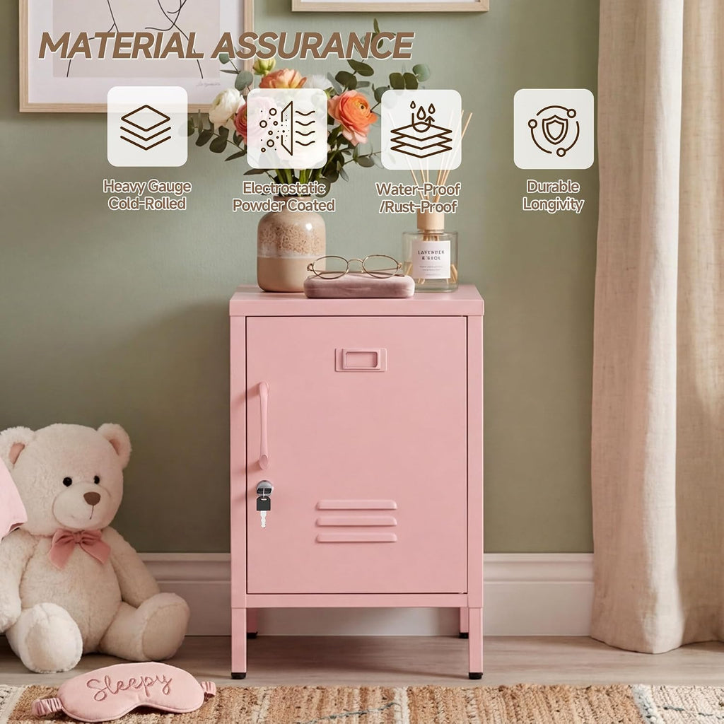 Lockable Metal Nightstand with Door, Industrial Storage Locker End Table, Small Bedside Table for Bedroom Living Room Dorm, Pink