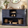 LIKIMIO Farmhouse Entryway Table with Power Outlets, 47.2" Rattan Console Table with Adjustable Storage Shelves & Rattan Doors Cabinet, Sofa Table for Entry, Living Room, Hallway, Foyer, Blue