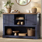 LIKIMIO Farmhouse Entryway Table with Power Outlets, 47.2" Rattan Console Table with Adjustable Storage Shelves & Rattan Doors Cabinet, Sofa Table for Entry, Living Room, Hallway, Foyer, Blue